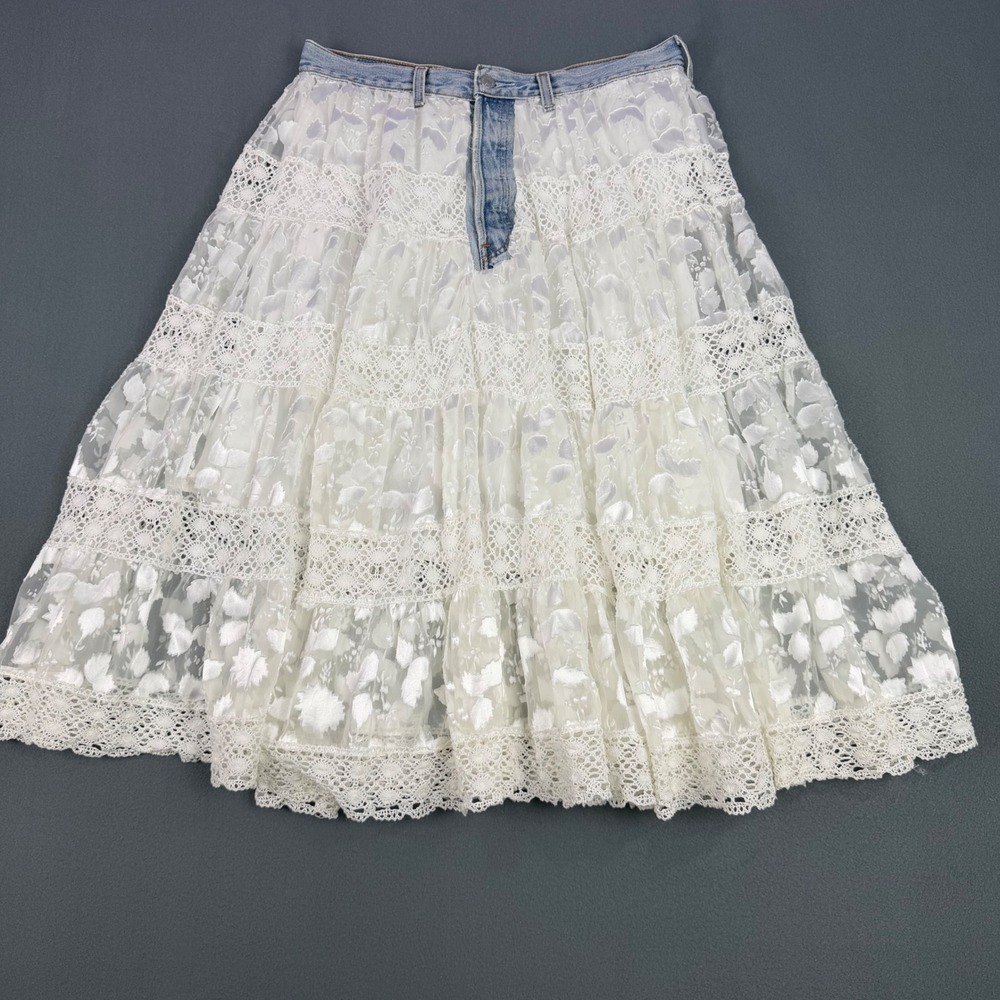 Custom Denim Waist White Lace Tiered Maxi Skirt Boho Cottagecore Button Fly 32W